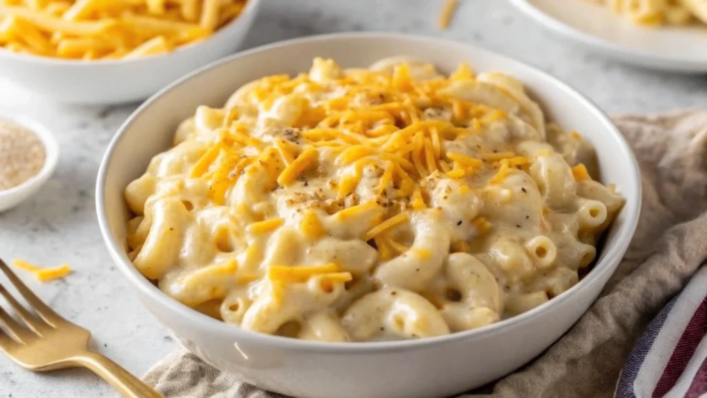 Close-up of creamy protein mac and cheese with a sprinkle of cheese and herbs.