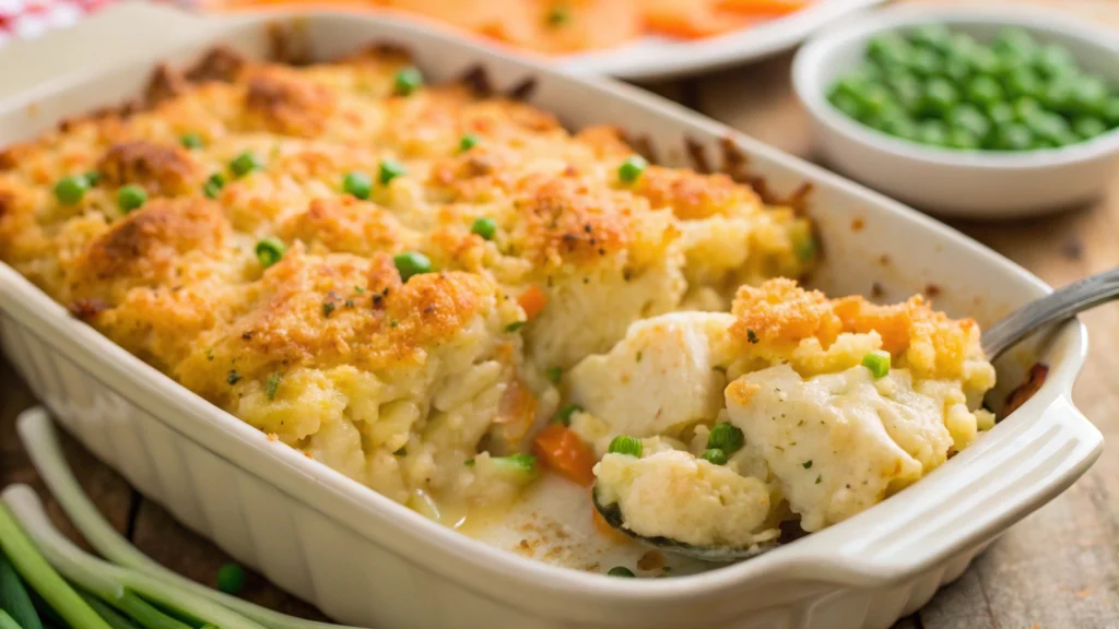 Baked chicken cauliflower casserole fresh out of the oven, golden and bubbling.