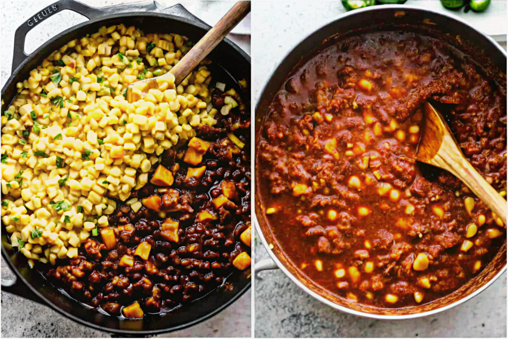 Close-up of a spoonful of taco soup frios showing creamy broth, corn, black beans, and ground beef with a sprinkle of cheese and cilantro.