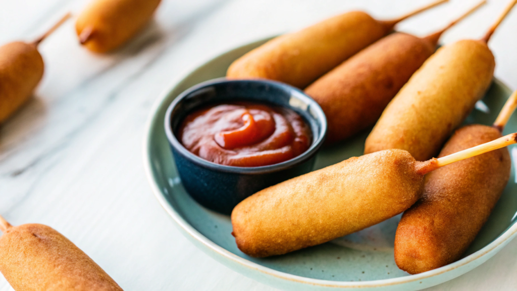 Creative stuffed air fryer corn dogs with cheese and jalapeños, garnished with fresh herbs.