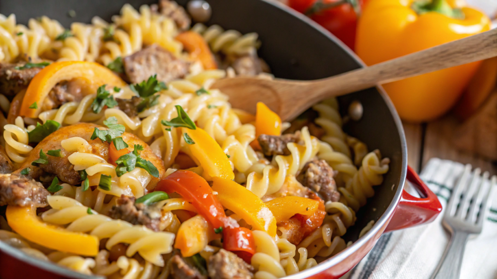 Vegetarian version of Philly cheesesteak pasta with mushrooms and fresh vegetables.