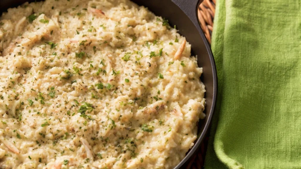 A serving of creamy chicken and rice on a white plate, topped with grated cheese and parsley, with a fork placed beside it.