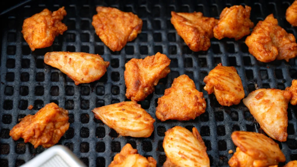 Air fryer chicken bites served on a colorful plate with assorted dipping sauces and fresh vegetables.