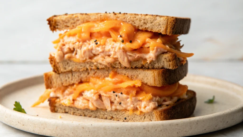 Assembling a kimchi tuna sandwich with ingredients layered on bread.