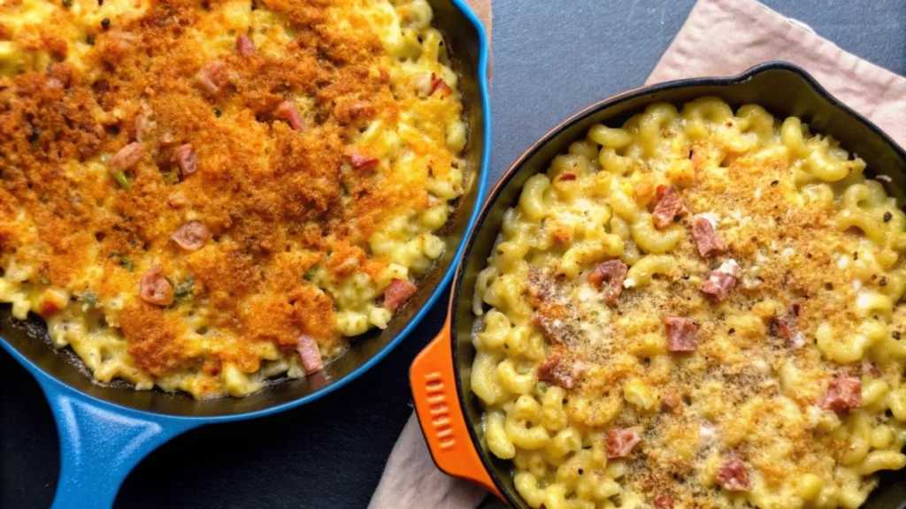 Baked Cajun mac and cheese in a casserole dish with breadcrumbs.