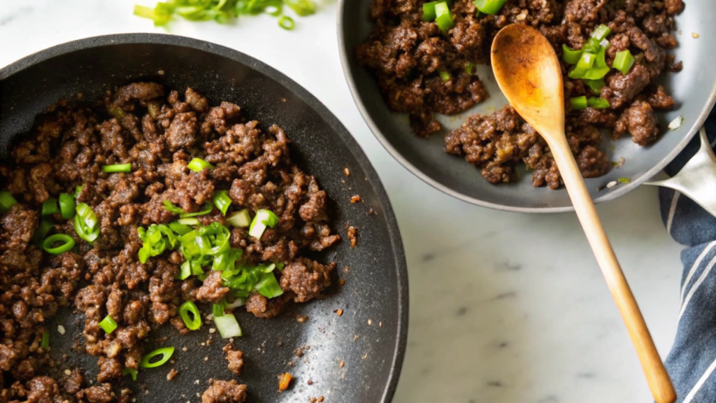 Ground beef bulgogi served in lettuce wraps with sesame seeds and green onions, perfect for a light and flavorful meal.