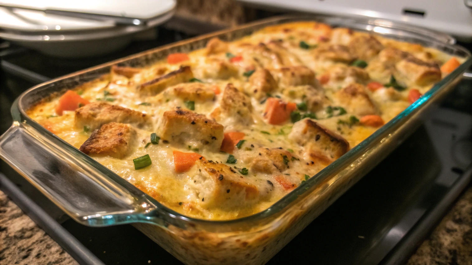 Freshly baked chicken casserole in a glass baking dish