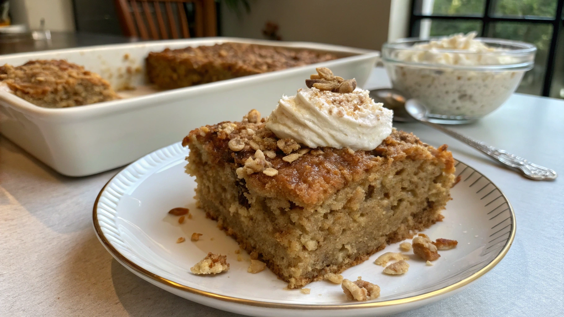 reshly baked oatmeal cake with whipped cream and berries