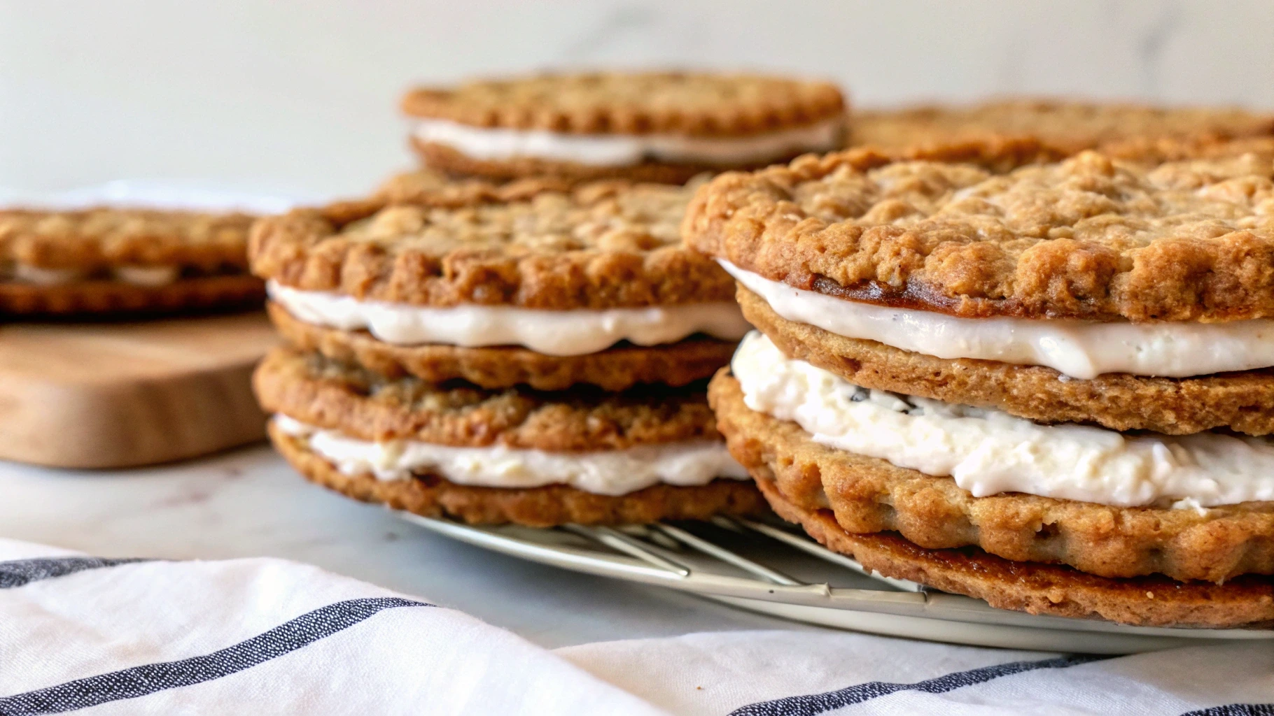 A stack of freshly baked oatmeal cream pie cookies