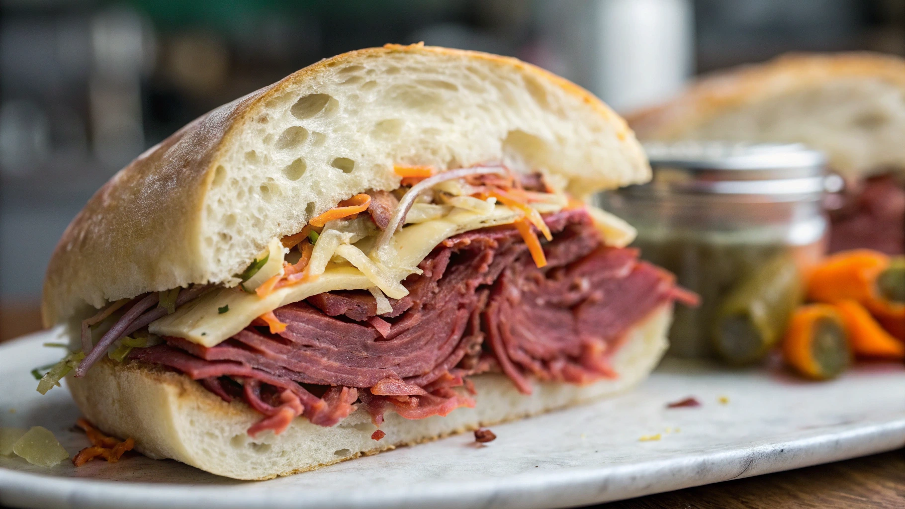 A pastrami sandwich with cheese and vegetables on roll bread.