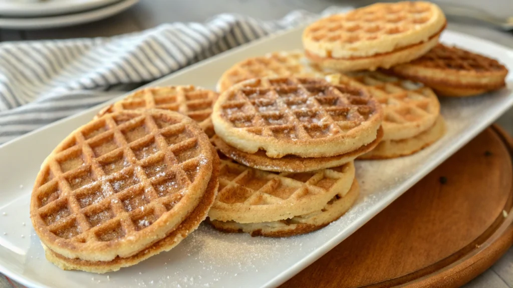 Creative variations of waffle cookies with chocolate chips and cinnamon sugar.