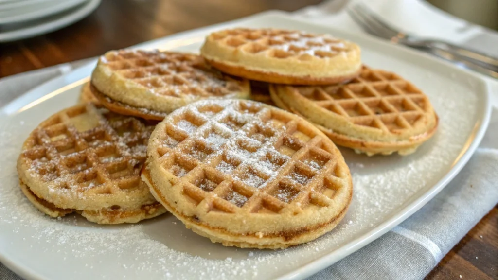 Waffle cookies served on a dessert platter with ice cream and fresh fruit.