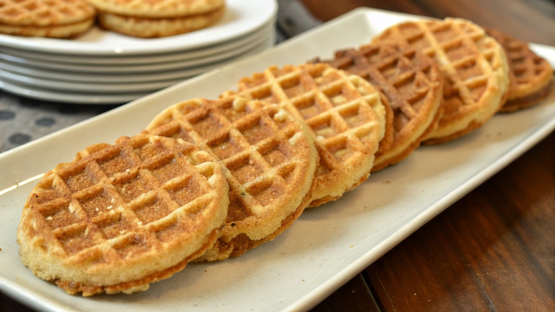 Delicious homemade waffle cookies on a plate, topped with whipped cream and fresh berries.