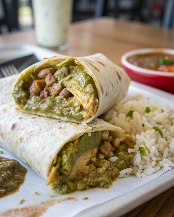 A close-up view of a chile verde burrito, revealing the delicious filling of meat, vegetables, and green sauce