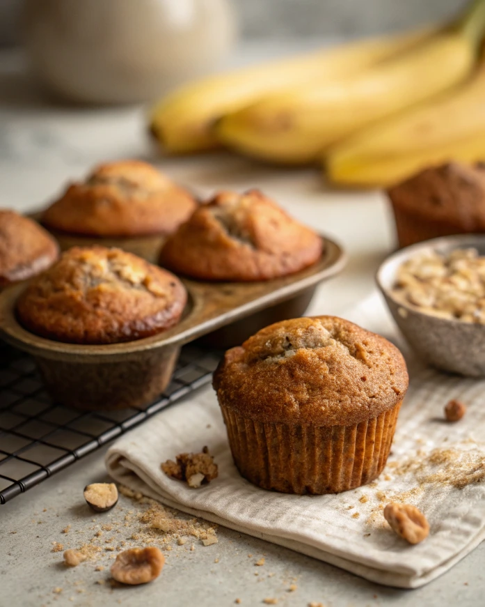 A plate of mini banana bread muffins with a sliced muffin in the foreground