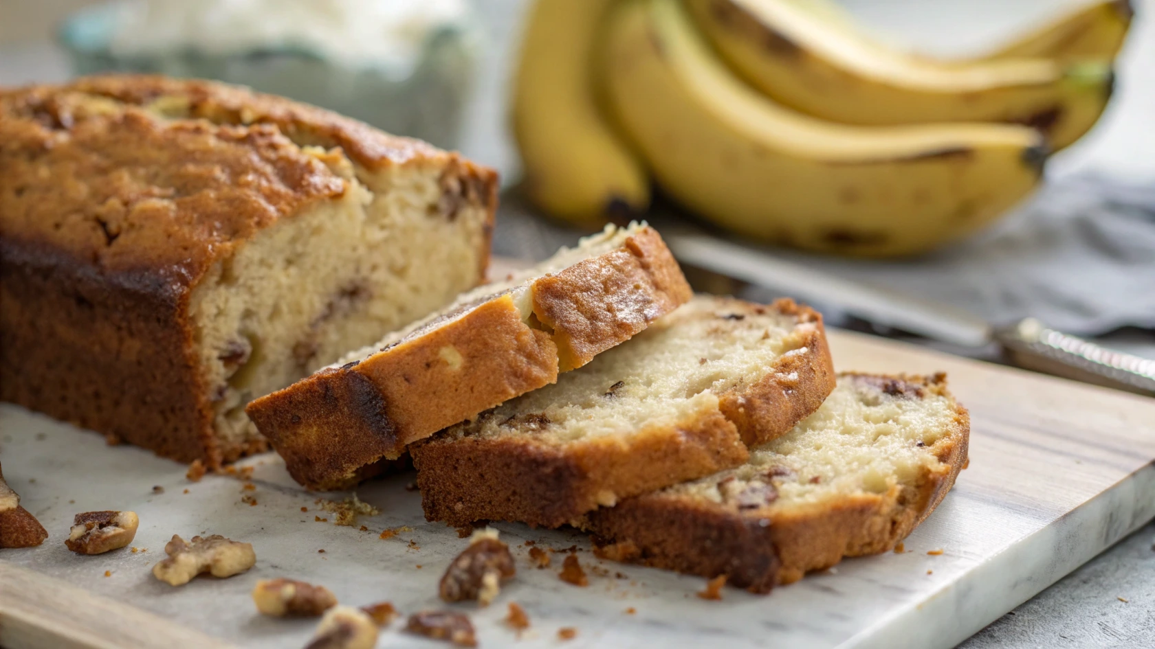 Freshly baked banana bread with walnuts, sliced and ready to eat. Ripe bananas are visible in the background.