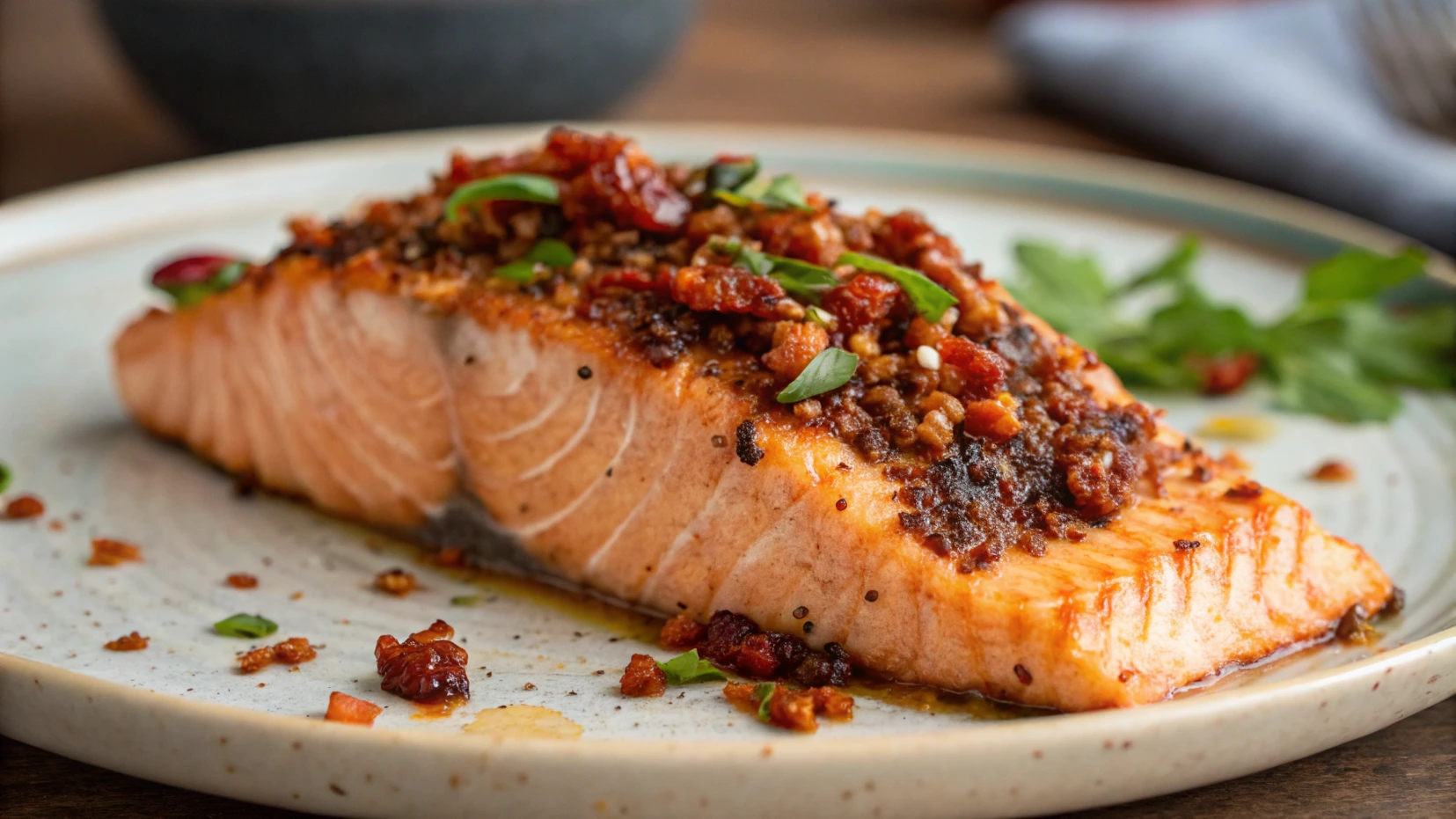 Closeup of salmon fillet with chili crisp topping