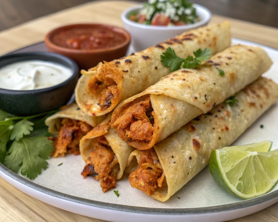 Chipotle Chicken Taquitos Served with Lime Wedges and Garnishes