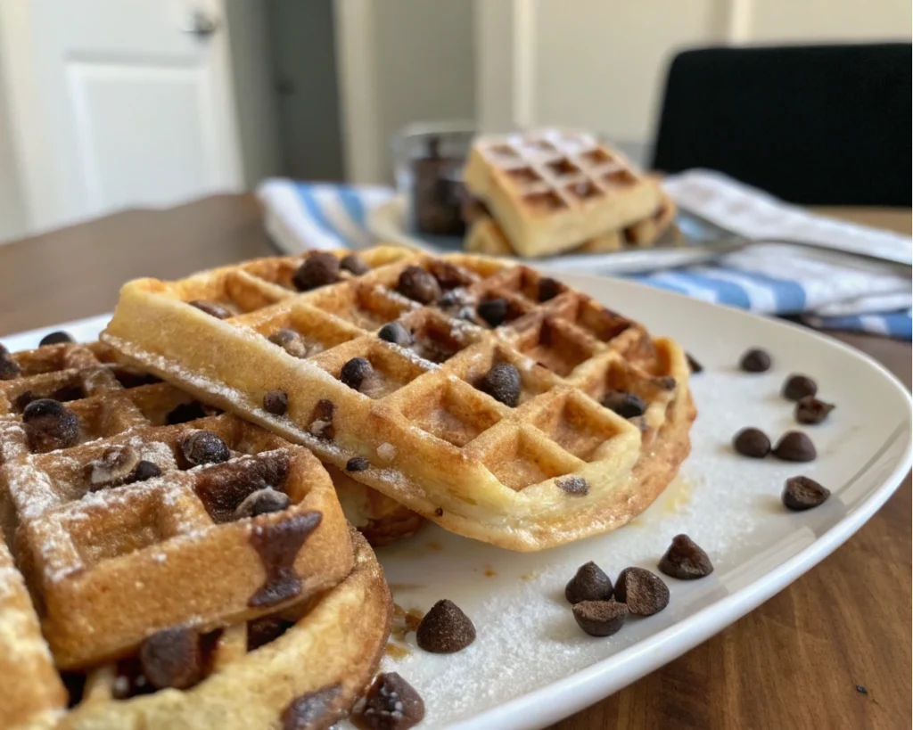 Freshly baked chocolate chip waffles with chocolate chips and powdered sugar