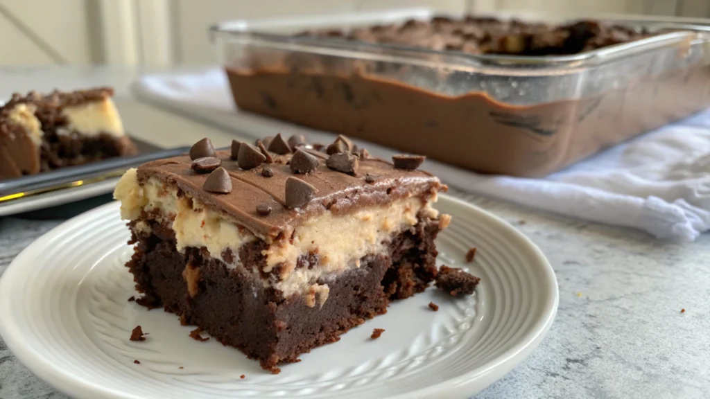 A decadent slice of chocolate poke cake with caramel frosting and chocolate shavings