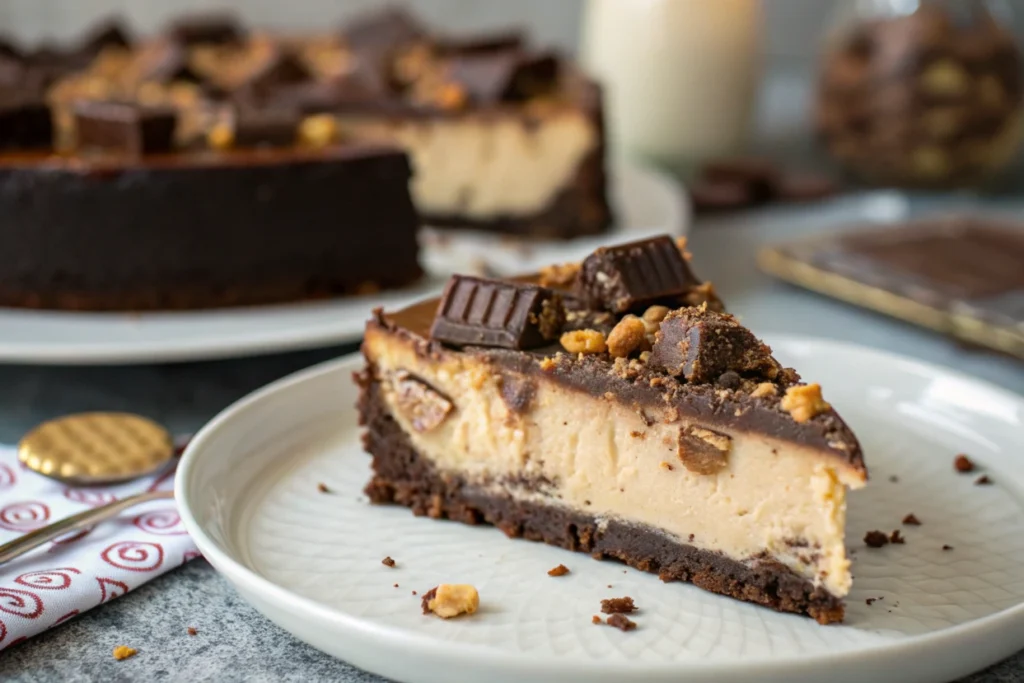 Close-up of Reese's Cheesecake with Peanut Butter Cups and Chocolate Drizzle