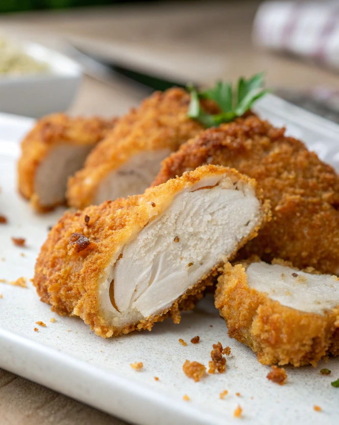 Close-up of panko breaded chicken with lemon wedge