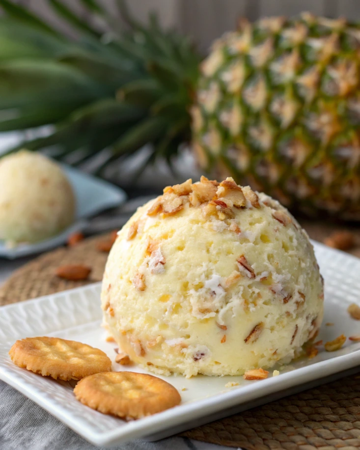 Close-up of chopped pecans coating a pineapple cream cheese ball.