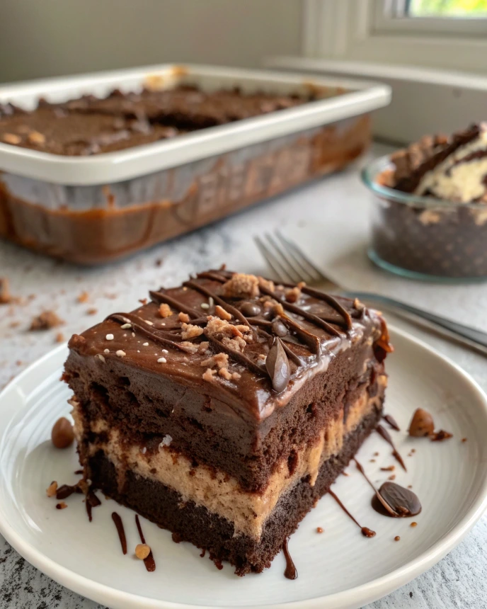 Close-up of a slice of chocolate poke cake with caramel frosting