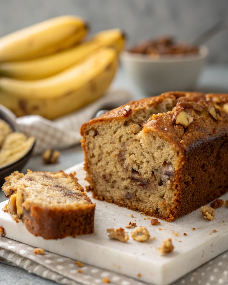 Sliced banana bread with walnuts, arranged on a wooden board alongside a bunch of ripe bananas.