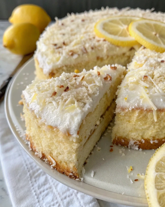 Creamy lemon cake with coconut topping