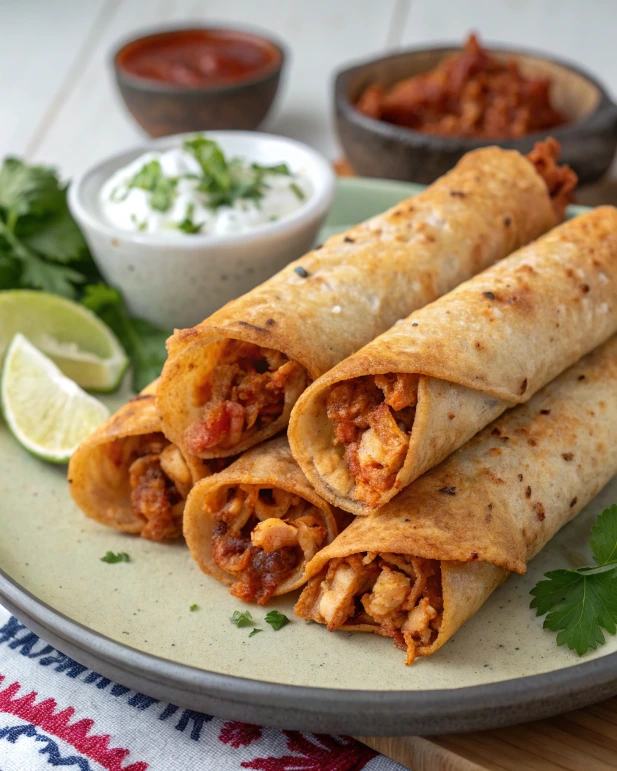 Chipotle Chicken Taquitos Served with Sour Cream and Salsa