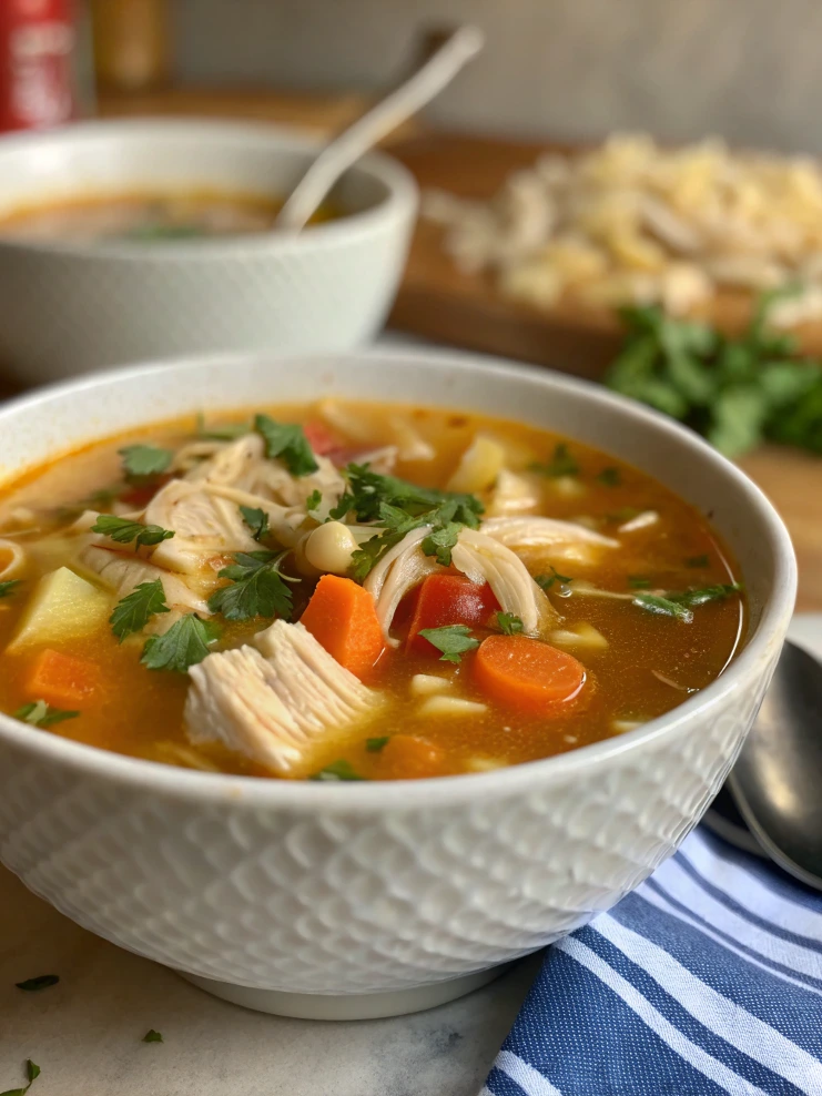 Close-up of Marry Me Chicken Soup with pasta and vegetables