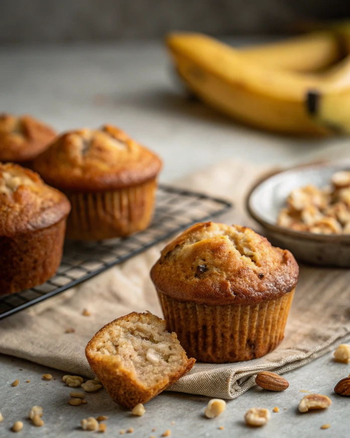 Freshly baked mini banana bread muffins on a cooling rack