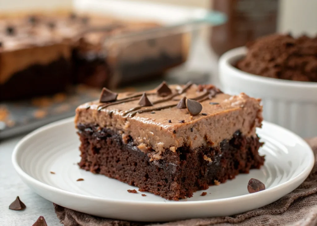 A close-up of the chocolate poke cake with a drizzle of caramel