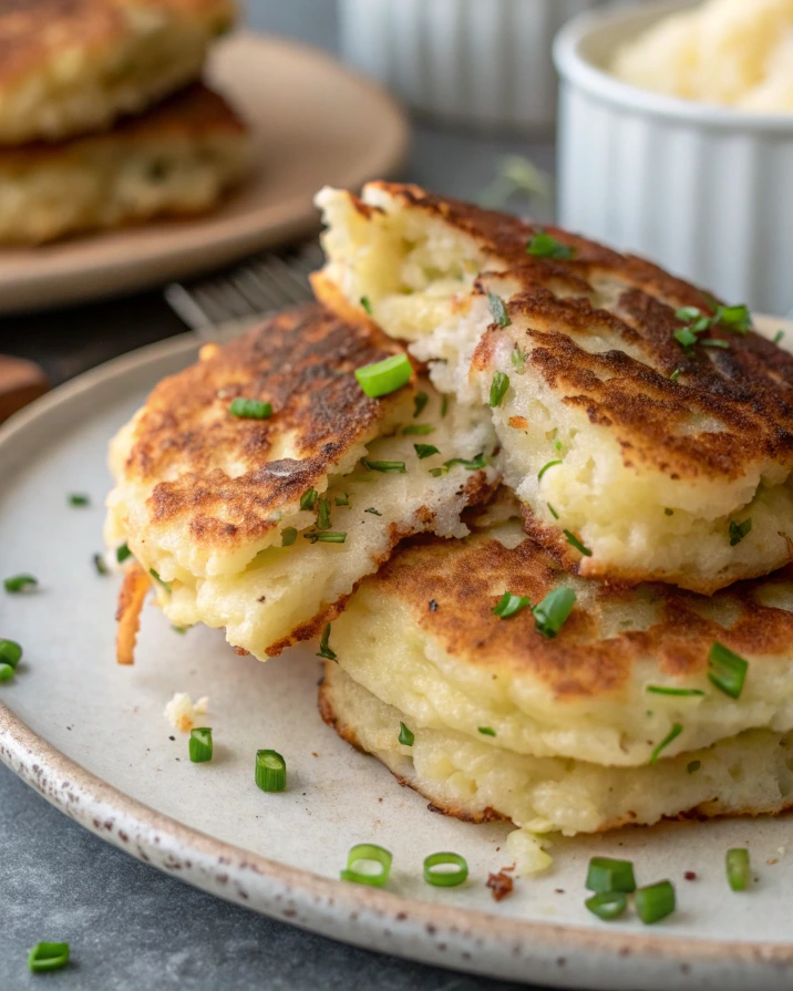 Close-up of fluffy and golden leftover mashed potato pancakes