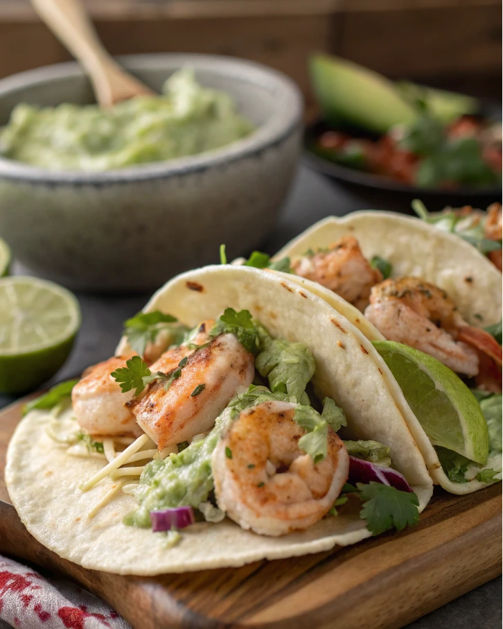 Fresh ingredients for shrimp tacos including shrimp, avocado, cilantro, lime, and tortillas.