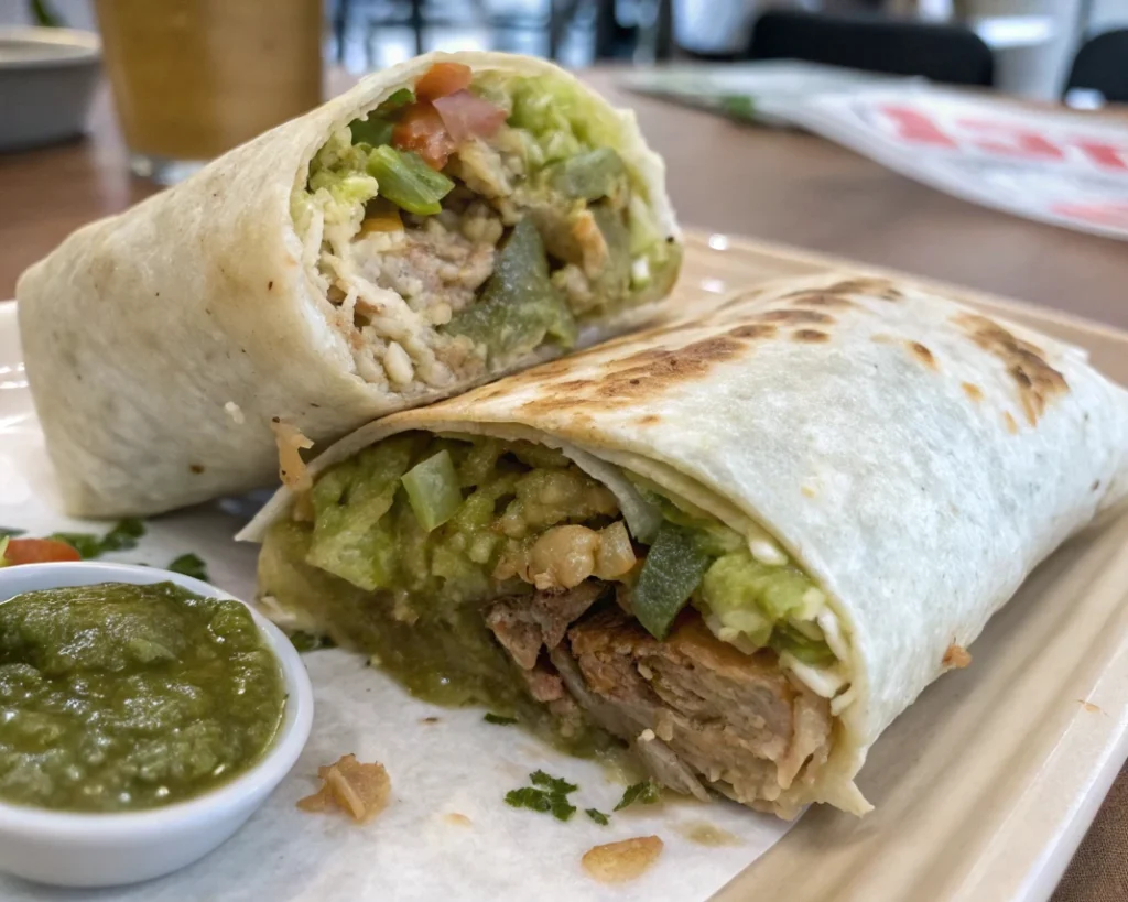 A plate featuring a chile verde burrito, accompanied by rice and green sauce