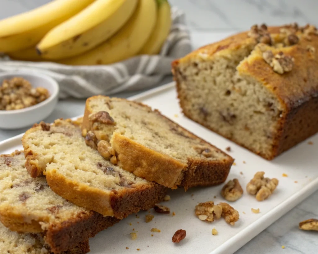 Freshly baked banana bread with walnuts, sliced and served on a plate with a bunch of bananas in the background.