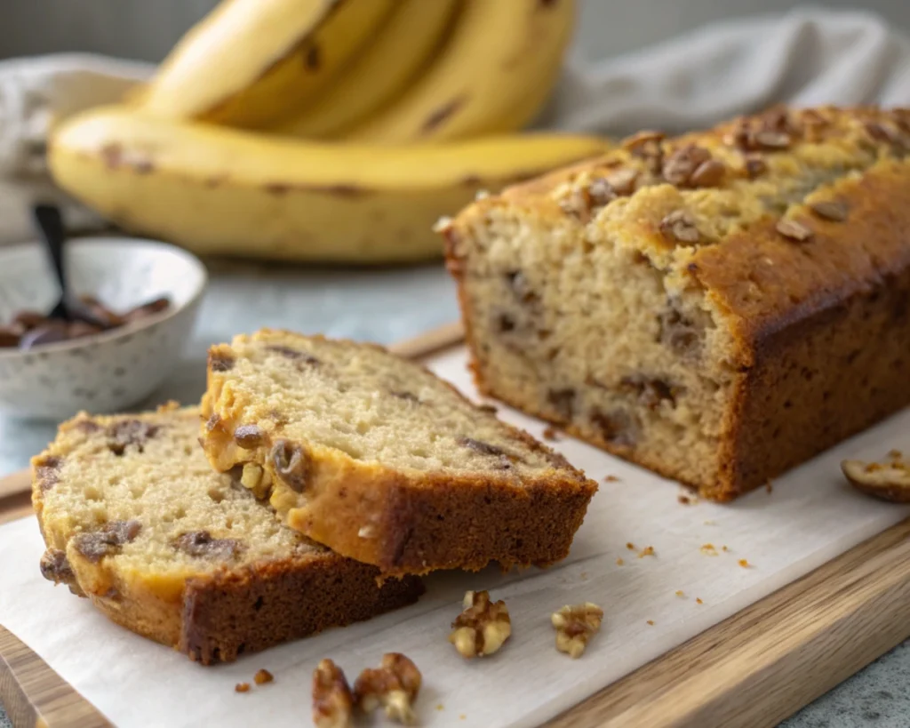 Freshly baked banana bread with walnuts, sliced and arranged on a wooden board, with a bunch of ripe bananas in the background.