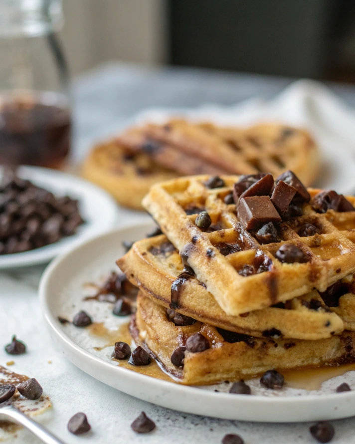 Homemade chocolate chip waffles with chocolate chips and strawberries