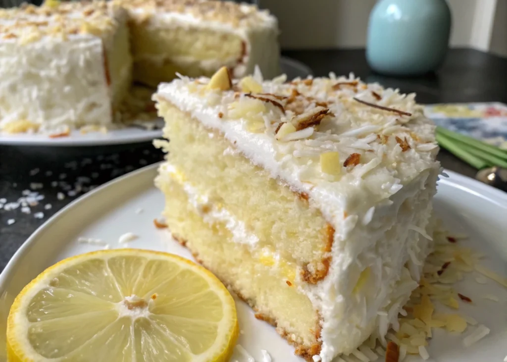 Whole lemon coconut cake on a wooden board