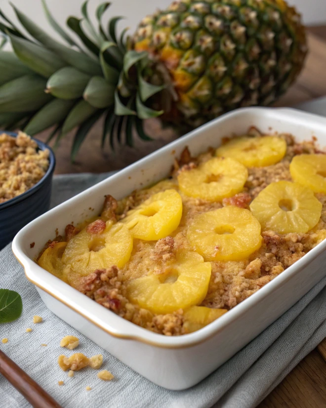 Pineapple casserole with fresh pineapple and crumble topping