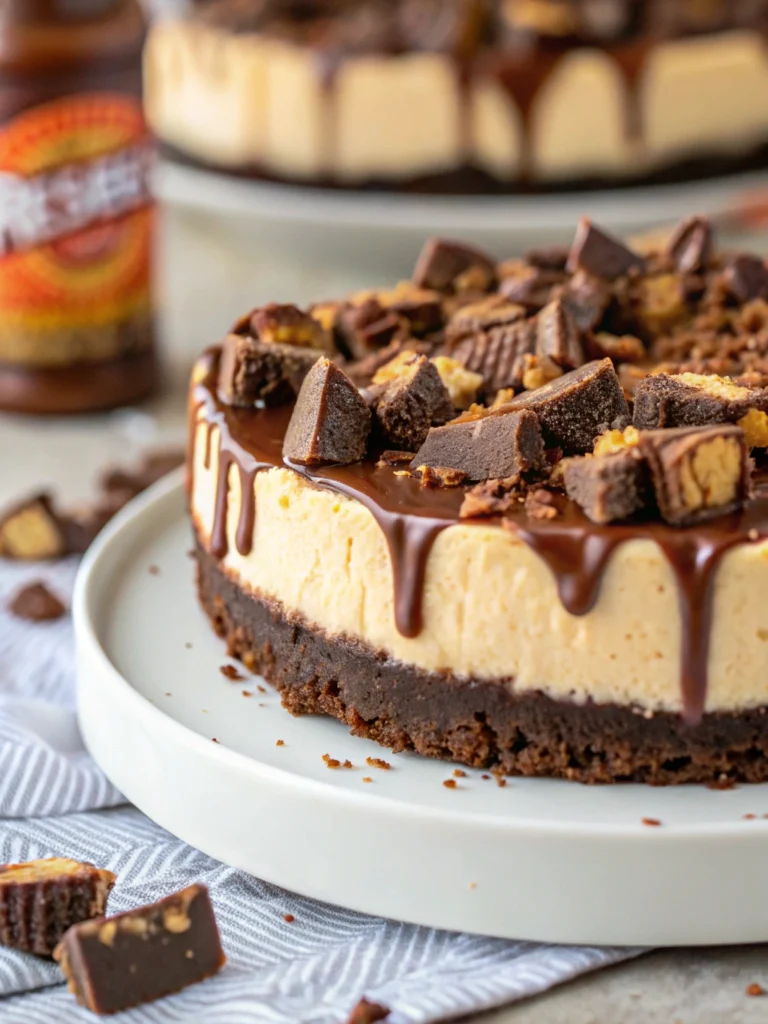 Decadent Reese's Cheesecake with Chocolate Drizzle and Peanut Butter Cups