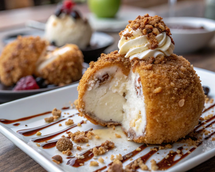 A plate of Mexican fried ice cream desserts, with a drizzle of sauce and toppings