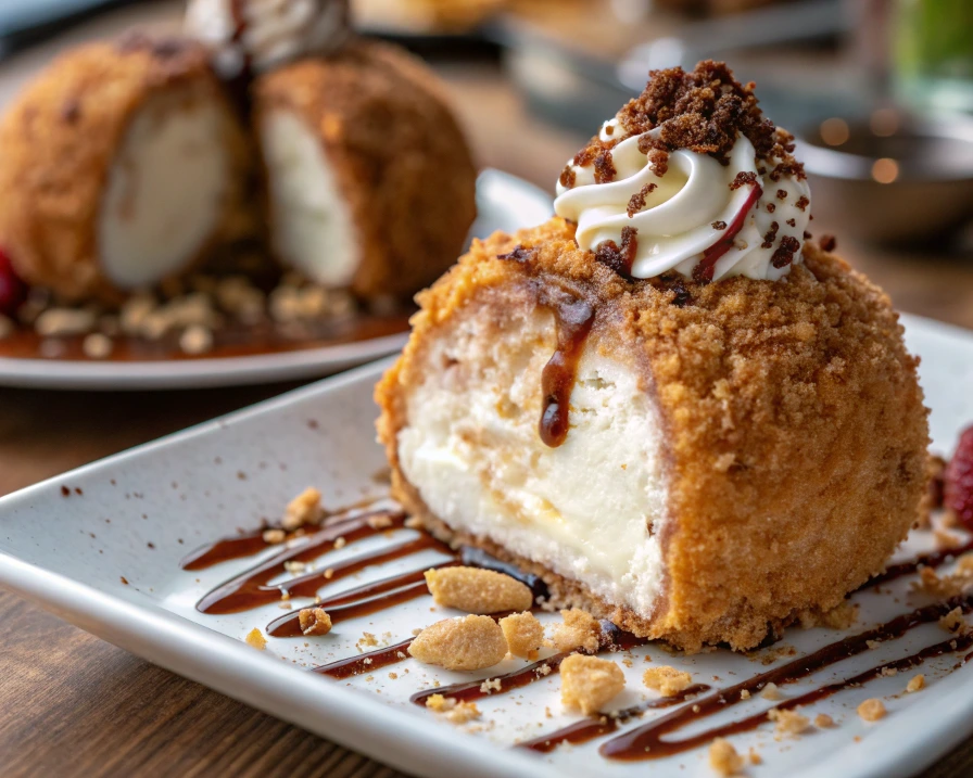 A close-up of a Mexican fried ice cream dessert, with a dollop of whipped cream and toppings