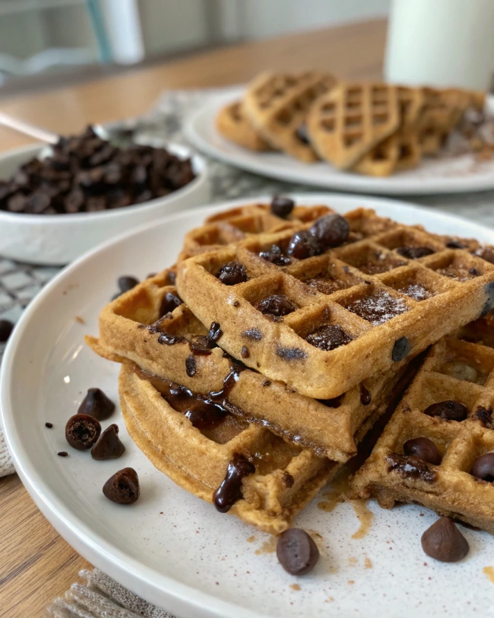 Delicious chocolate chip waffles with chocolate chips and raspberries