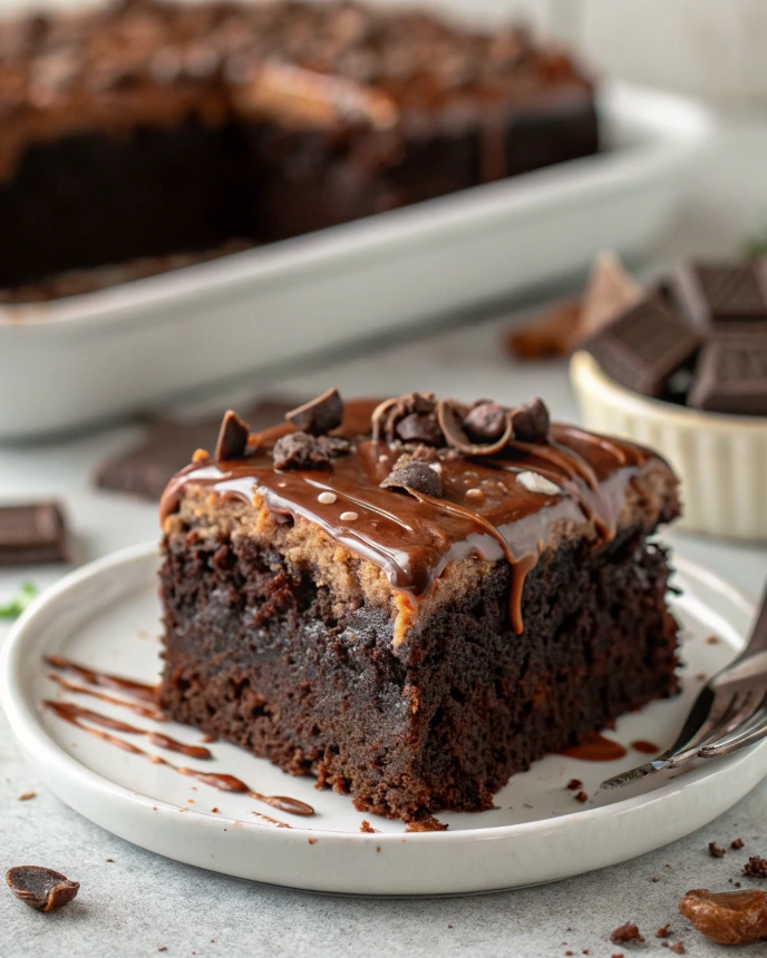 Decadent chocolate poke cake with caramel drizzle and chocolate shavings