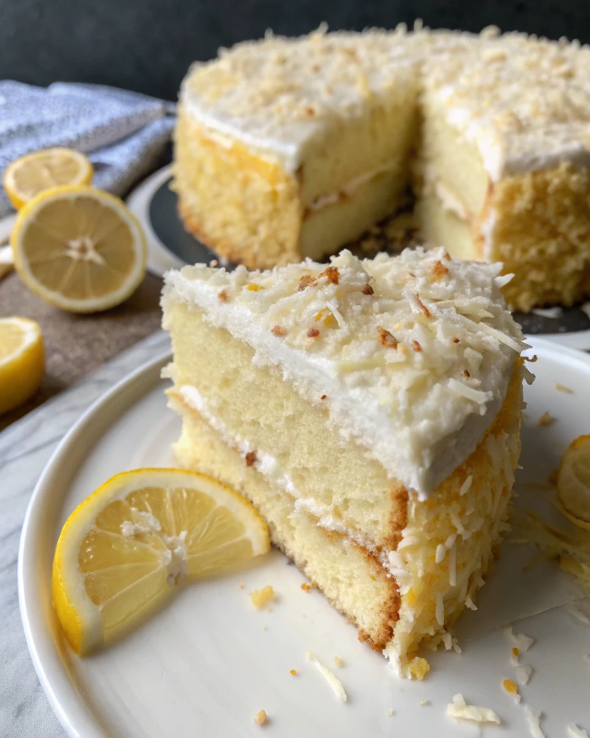 Sliced lemon cake with coconut shreds