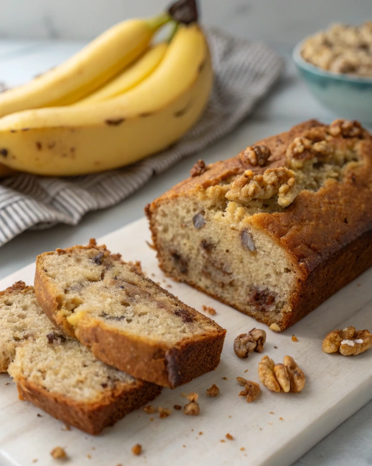 Homemade banana bread with walnuts, sliced and displayed on a wooden board alongside a cluster of ripe bananas.