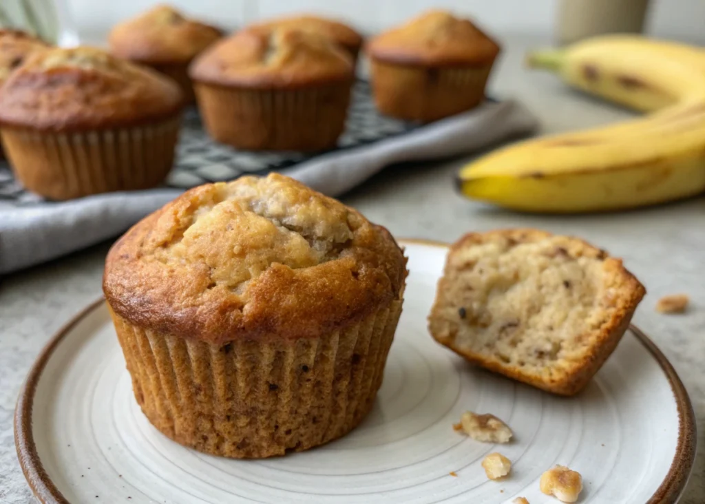  A close-up of a mini banana bread muffin with a crumbly topping